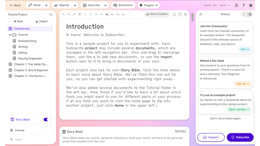 Sudowrite, best AI article writer platform's dashboard.