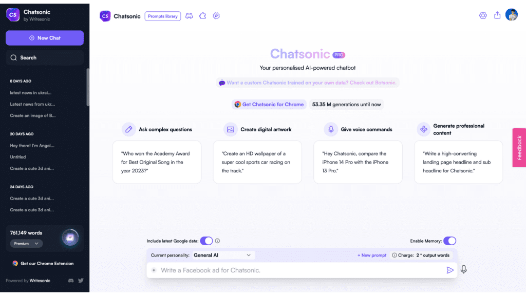 Writesonic's dashboard.