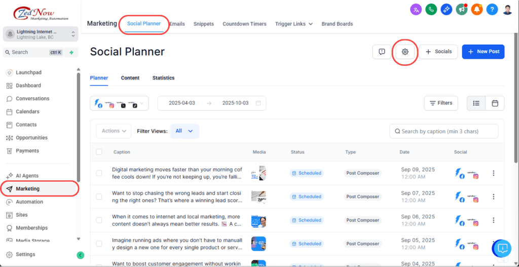 Access Social Planner Settings