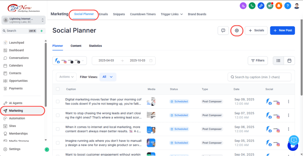 Social Planner Settings