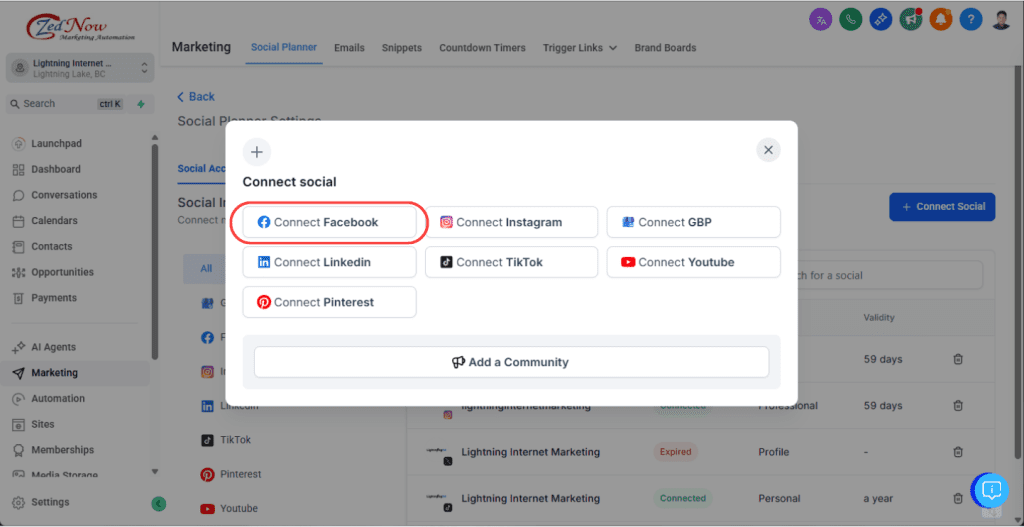 Connecting Facebook for Automated Social Posting
