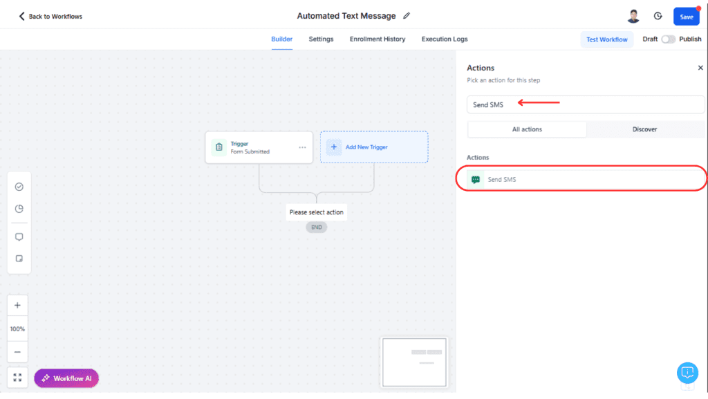 Add a “Send SMS” Action