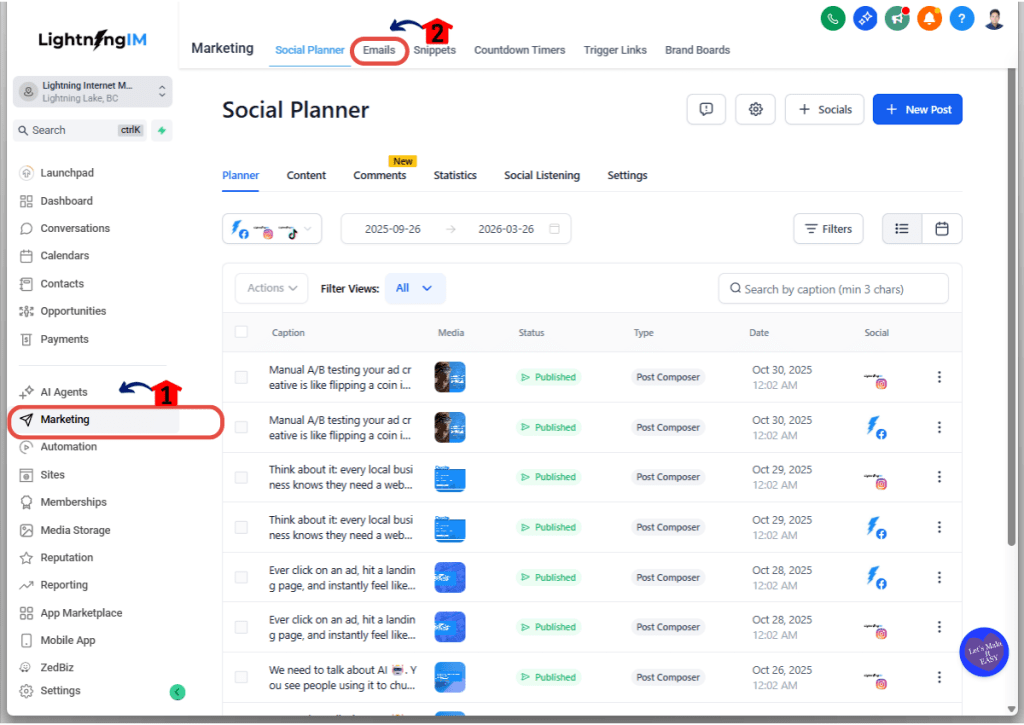 Accessing Emails area