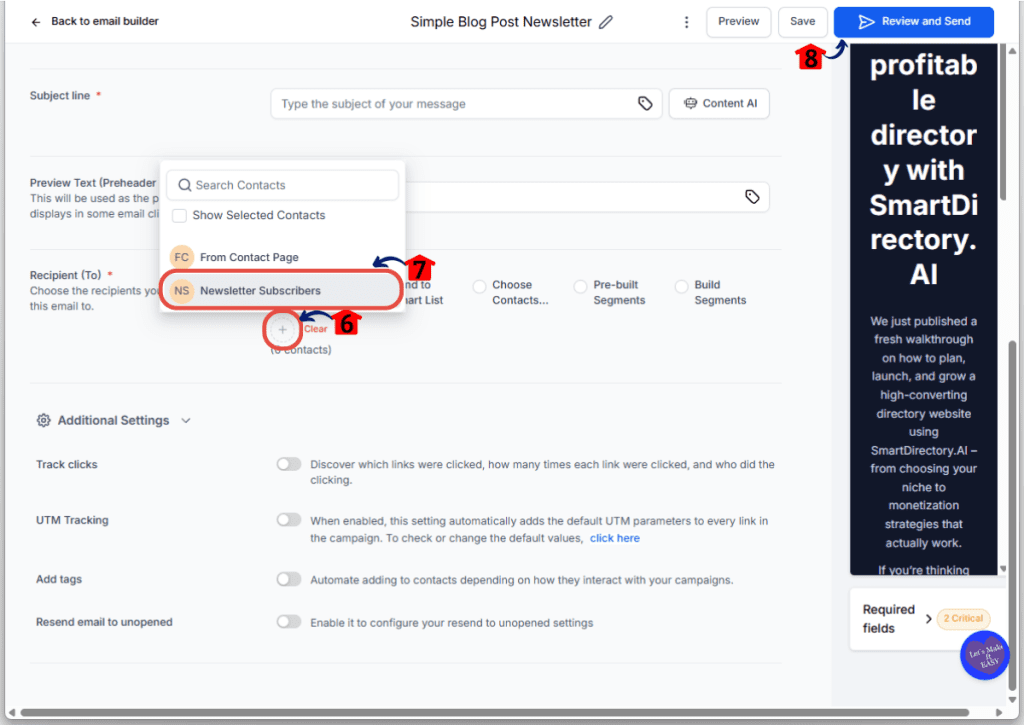 Smart List Recipient Setup