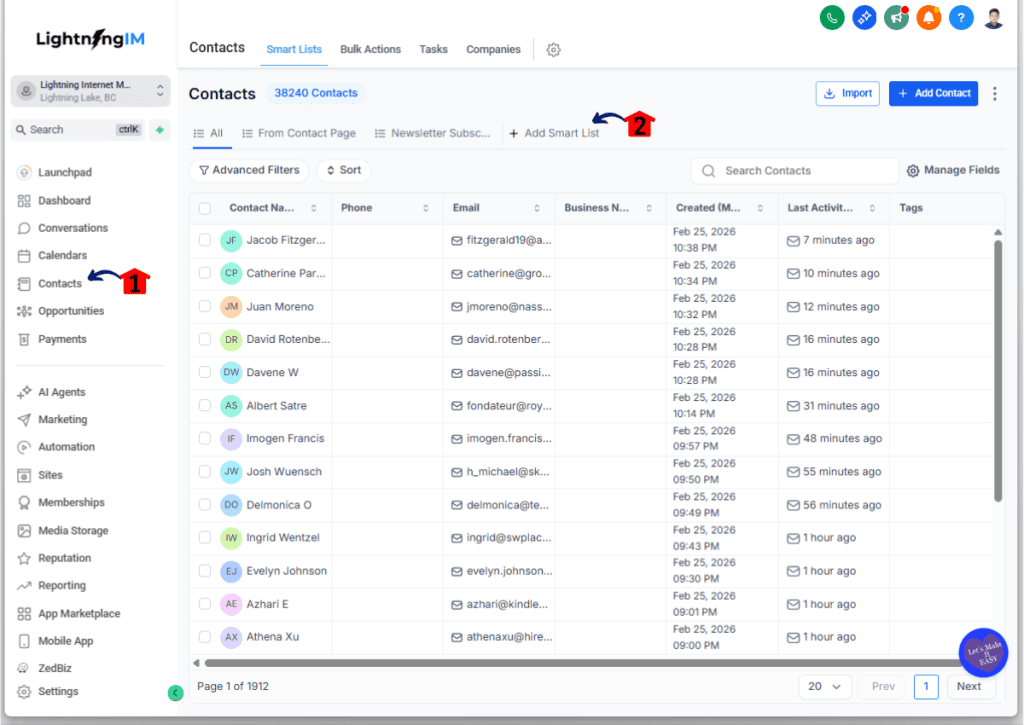 Accessing the Contacts page