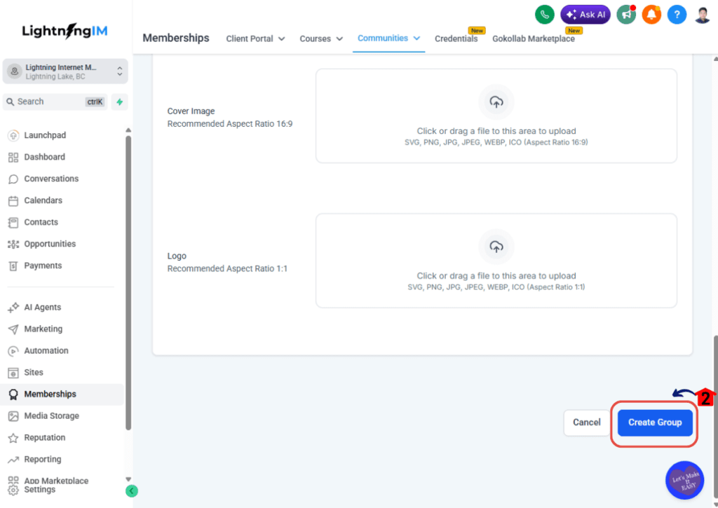 Create a Community Site Create Group Button