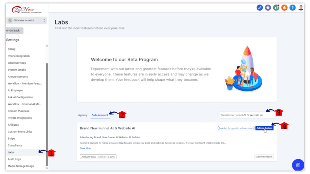 Enable the GoHighLevel AI Funnel Builder feature in Labs