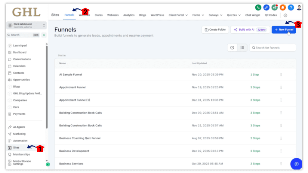 Open the Funnels area inside the sub-account