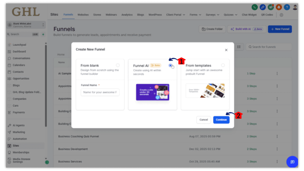 Creating new funnel with Funnel AI