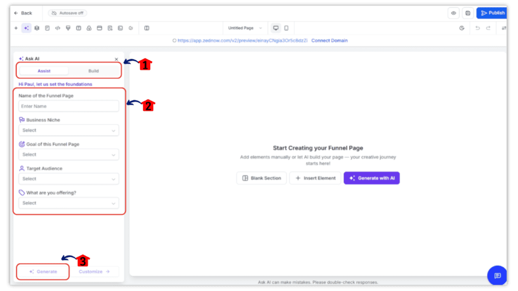 Generating funnel with GoHighLevel AI Funnel Builder